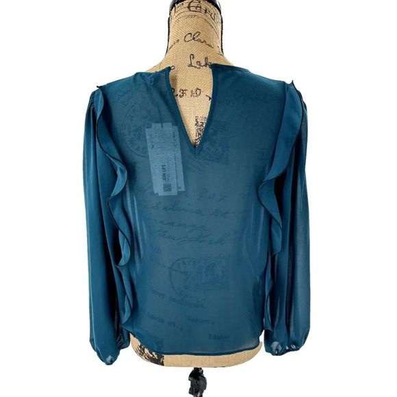 Zara Top Women XS Teal‎ Pleated Ruffle Accents Semi Sheer Business Casual Church - Picture 2 of 7